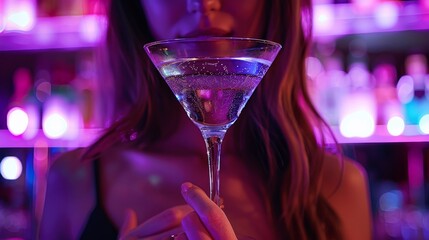 Close-up of a martini glass held by a female at a bar with purple lighting. Generative AI.