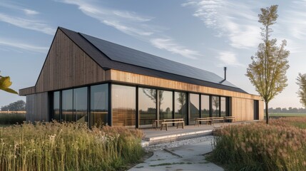 Fototapeta premium Modern Sustainable House with Solar Panels in Rural Setting