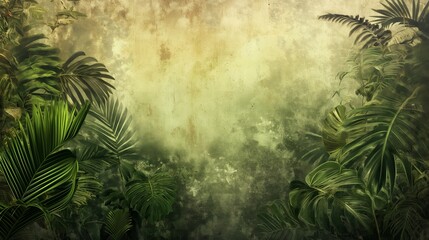 Artistic photo featuring green tropical plants framing a textured backdrop evoking an exotic jungle atmosphere
