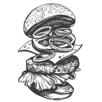 big burger, hamburger hand drawn vector illustration sketch retro style