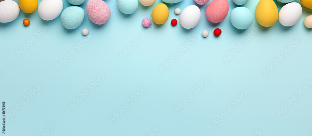 Poster easter pattern made with colorful easter eggs on a pastel blue background minimal concept of easter 