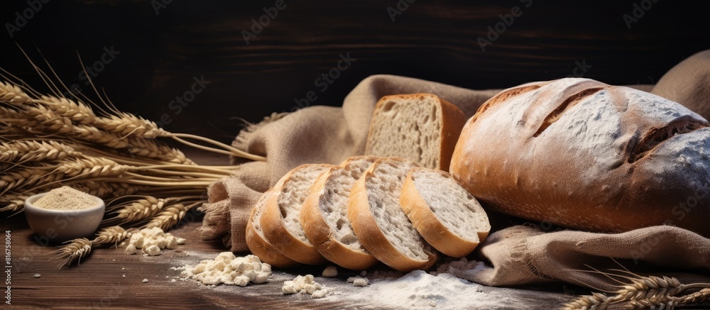 Poster making bread concept loaves near flour wheat ears top view copy space