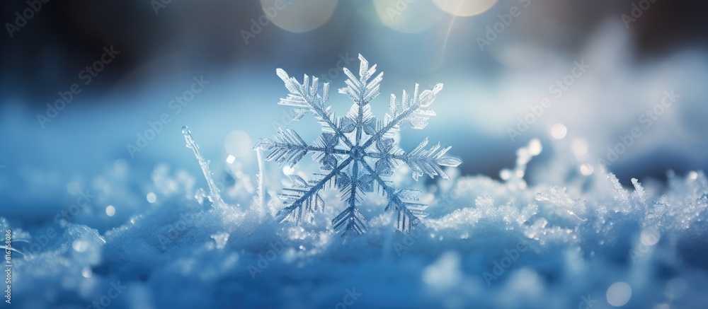 Poster macrophotography of snowflake natural background beauty in nature frozen pattern. copy space availab