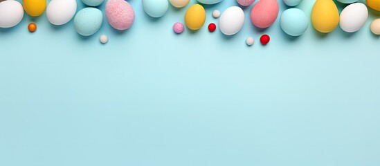 Easter pattern made with colorful Easter eggs on a pastel blue background Minimal concept of Easter...