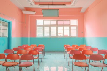 Spacious classroom featuring coral chairs and soft pastelcolored interior under fluorescent lighting