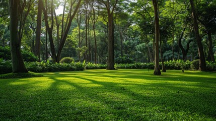 Sunlit Park Lawn with Trees and Greenery
