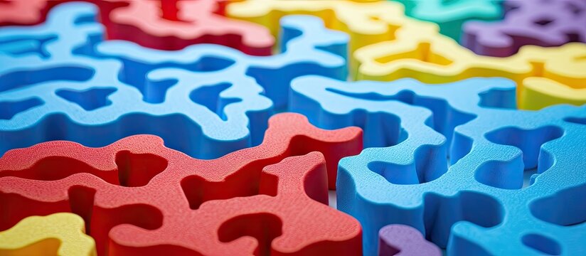 Macro photo of the details of a foam eva isolated on white background Colored rubber mat puzzle for children. copy space available
