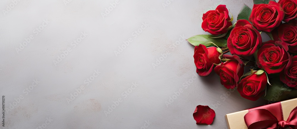 Poster red roses flower and present box on light background top view with copy space