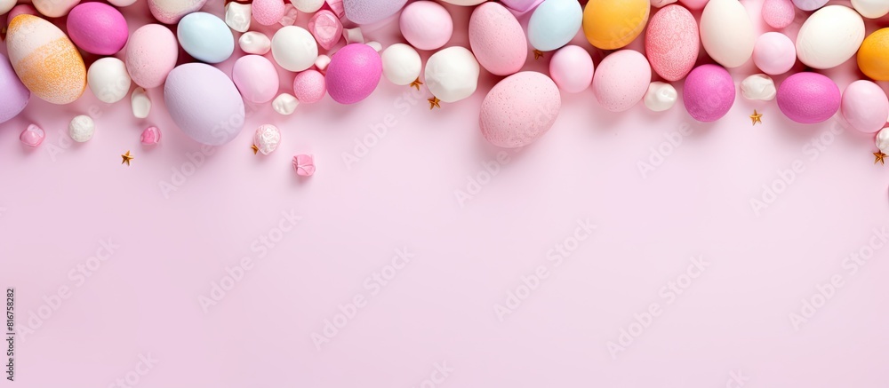 Aufkleber Top view of a light pink background with a white frame adorned with colorful Easter eggs and sweet candy Perfect for Easter greeting cards. copy space available