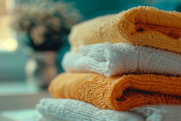 Closeup of neatly folded towels in soothing colors, conveying warmth and cleanliness