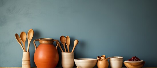 some kitchen utensils like wooden spoon and clay jug beberapa peralatan dapur seperti sendok kayu dan kendi tanah liat. copy space available - Powered by Adobe