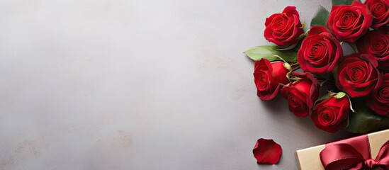 Red roses flower and present box on light background Top view with copy space