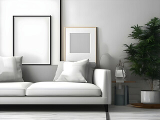 Fototapeta premium Frame mockup, ISO A paper size. Living room wall poster mockup. Interior mockup with house background. Modern interior design. 3D render