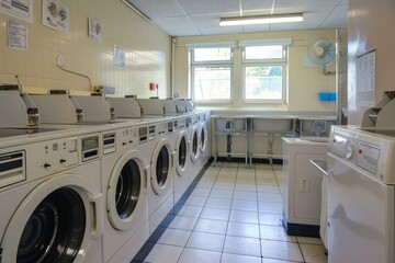 Brightly lit laundromat with multiple industrial washing machines lined up and ready for use