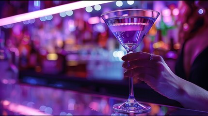 Close-up of a martini glass held by a female at a bar with purple lighting. Generative AI.
