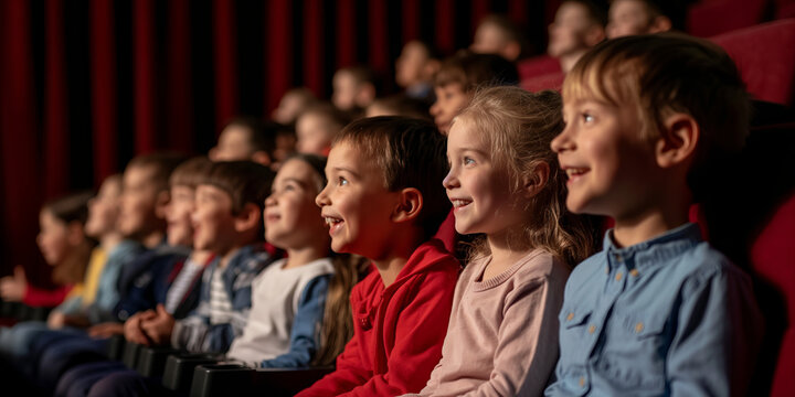 Group of cheerful children sitting in the theater watching the muppet show performance.
