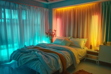 Modern bedroom bathed in warm and cool ambient light, creating a serene atmosphere