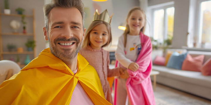 Young cheerful father wearing princess tiara while playing with his two small daughters. Parent and two little girls wearing pink clothes at home. - Powered by Adobe