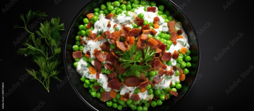 Poster Homemade Creamy Bacon Pea Salad in a Bowl on a black surface top view Flat lay overhead from above Copy space