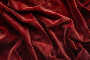 Close-up shot of luxurious red velvet fabric with deep folds and texture - Powered by Adobe