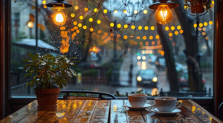 A cozy cafe with warm lighting, coffee cups on a table, view from an outside window, a rainy day...
