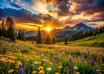 Sunset casting a golden hue over a tranquil alpine meadow filled with a profusion of wildflowers in bloom, creating a serene and enchanting atmosphere.