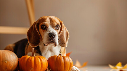 Cute Beagle dog with pumpkins near beige wall. 