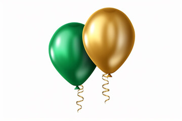 Set of golden and green metallic glossy colors balloons with strings. For birthdays, parties, weddings or promotion banners or posters. Vivid and realistic illustration