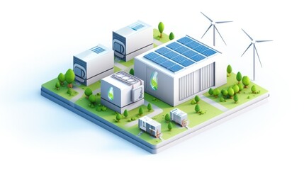isometric concept of Modern energy storage battery systems, wind power, wind turbines and Li-ion battery containers, and solar panels in the background.