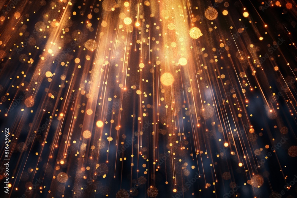 Poster abstract illuminated background with golden sparkles cascading in beams of light