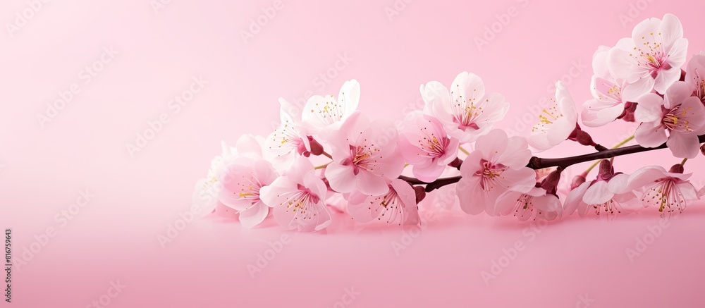 Poster sakura blooming spring flowers on a pink background with space for a greeting message the concept of