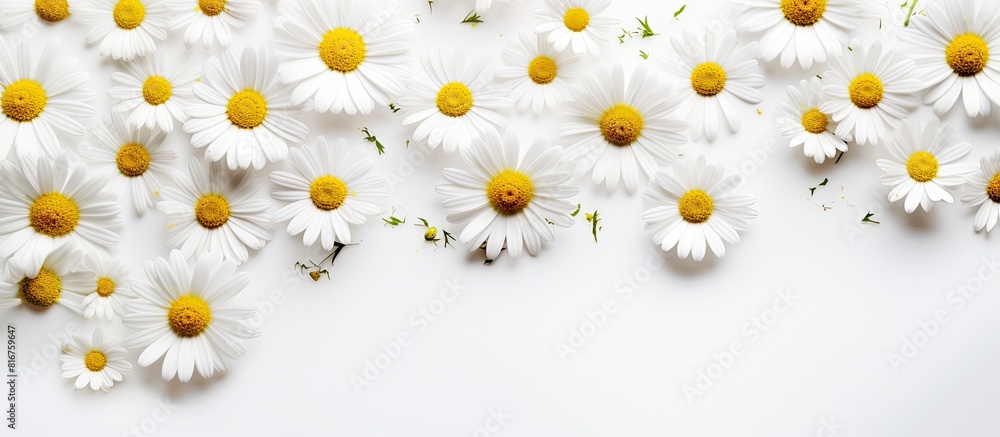 Poster White background with chamomile flowers and copy space Flat lay top view copy space Spring summer concept
