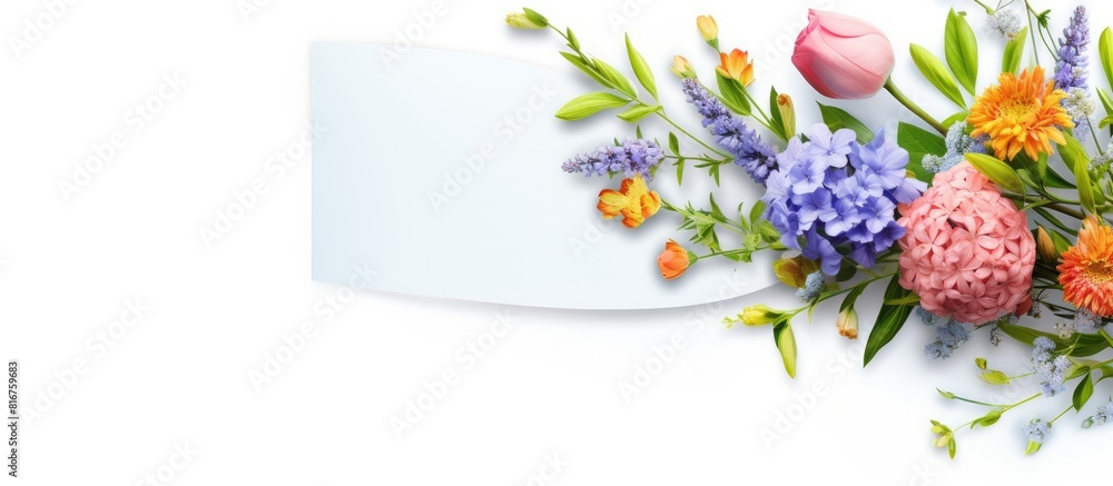 Aufkleber greeting card design spring bouquet of flowers and an envelope invitation congratulation. copy space
