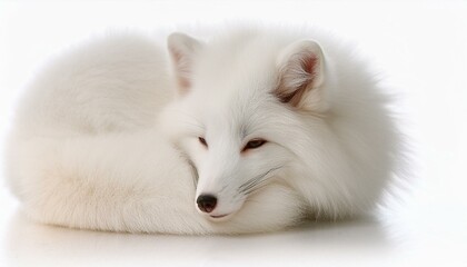Fototapeta premium A fluffy white arctic fox curled up, its fur blending subtly into a pure white background