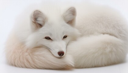 Obraz premium A fluffy white arctic fox curled up, its fur blending subtly into a pure white background