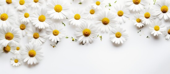 White background with chamomile flowers and copy space Flat lay top view copy space Spring summer concept