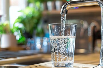 Closeup of a glass being filled with clear fresh water from a tap, with a blurred kitchen background