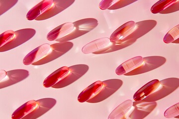 Collection of pink and red capsule pills arranged on a pink surface