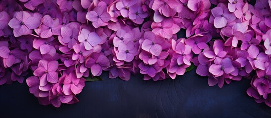 Fototapeta premium Creative image of pink and purple Hydrangea flowers on artistic ink background Top view with copy space