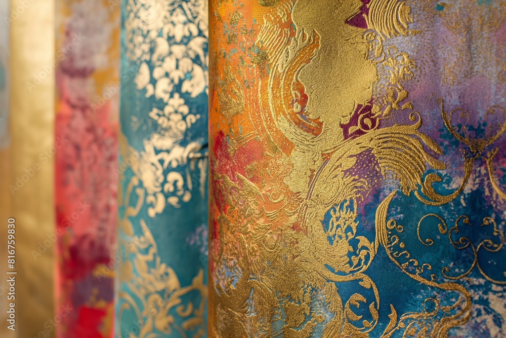 Poster close-up of a vibrant abstract background with royal tapestry patterns and golden details