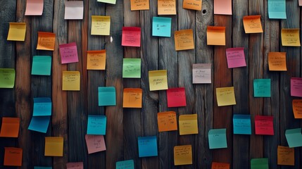Colorful sticky notes on rustic wooden wall, vibrant reminders and ideas