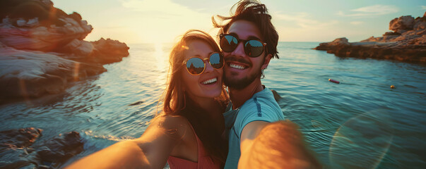 Happy couple taking a selfie by the sea at sunset - Powered by Adobe
