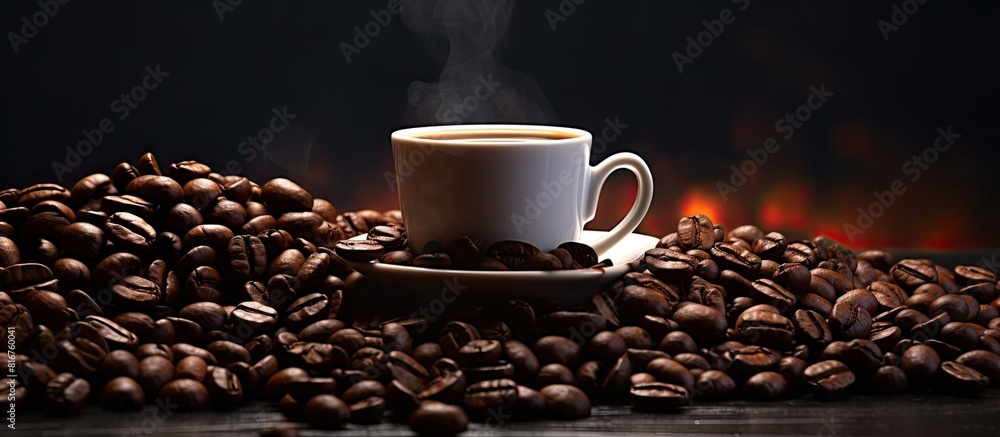 Poster copy space image of a cup filled with aromatic coffee beans set against a rich and dark backdrop