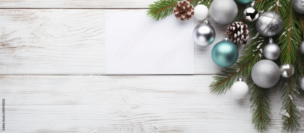 Poster a festive christmas card mockup with an elegant grey envelope vibrant green fir tree branches and co