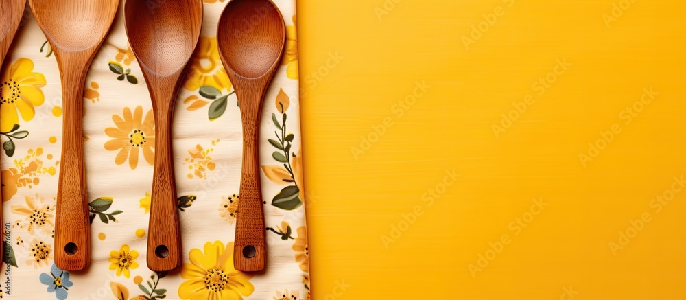 Poster set of wooden kitchen utensils floral pattern cloth napkin on empty yellow background top view with 