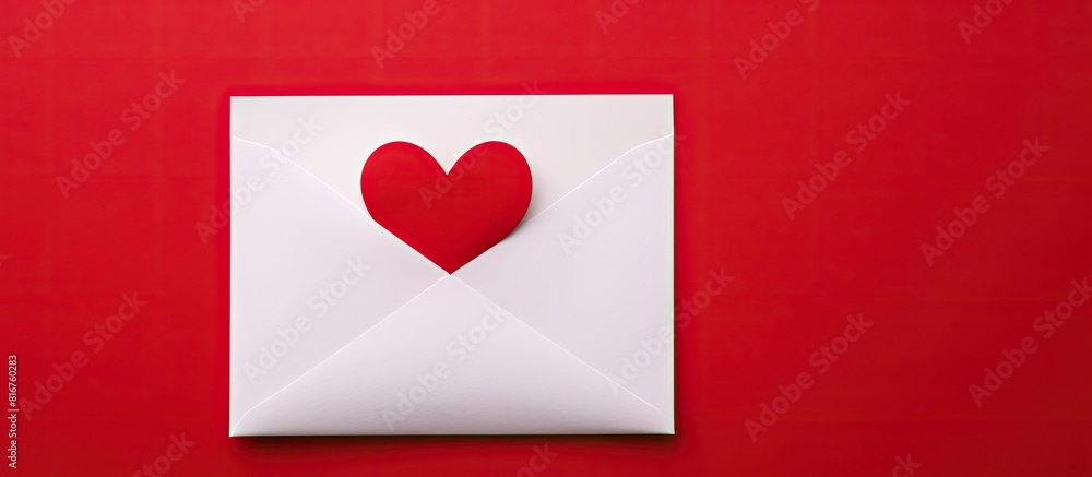 Aufkleber Red paper envelope with empty white card and heart on colored background top view valentines day concept. copy space available