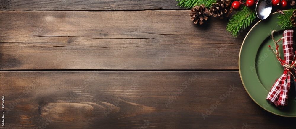 Poster empty plate with cutlery and napkin on a old wooden white background christmas table setting top vie