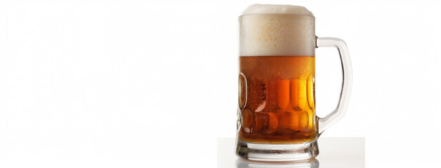 isolated golden yellow color transparent glass alcohol mug with handle, full of beer and foam on a white empty mockup background 