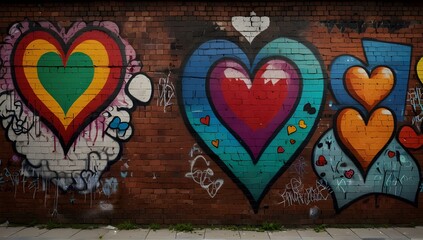 Brick wall with colorful painted hearts in graffiti style.
