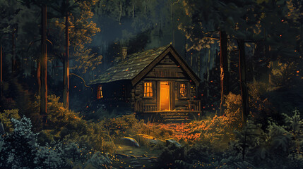 Photo of a Cabin in the Woods at Night